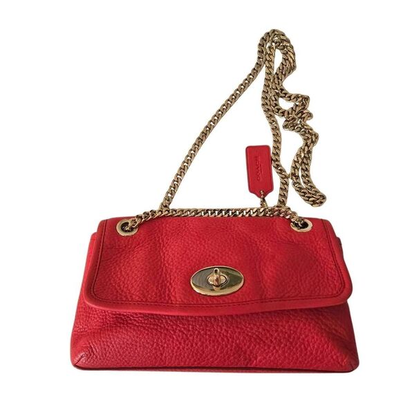 Coach Womens Pebble Leather Gold-tone Chain Strap Crossbody Cardinal Red OS - Picture 1 of 12